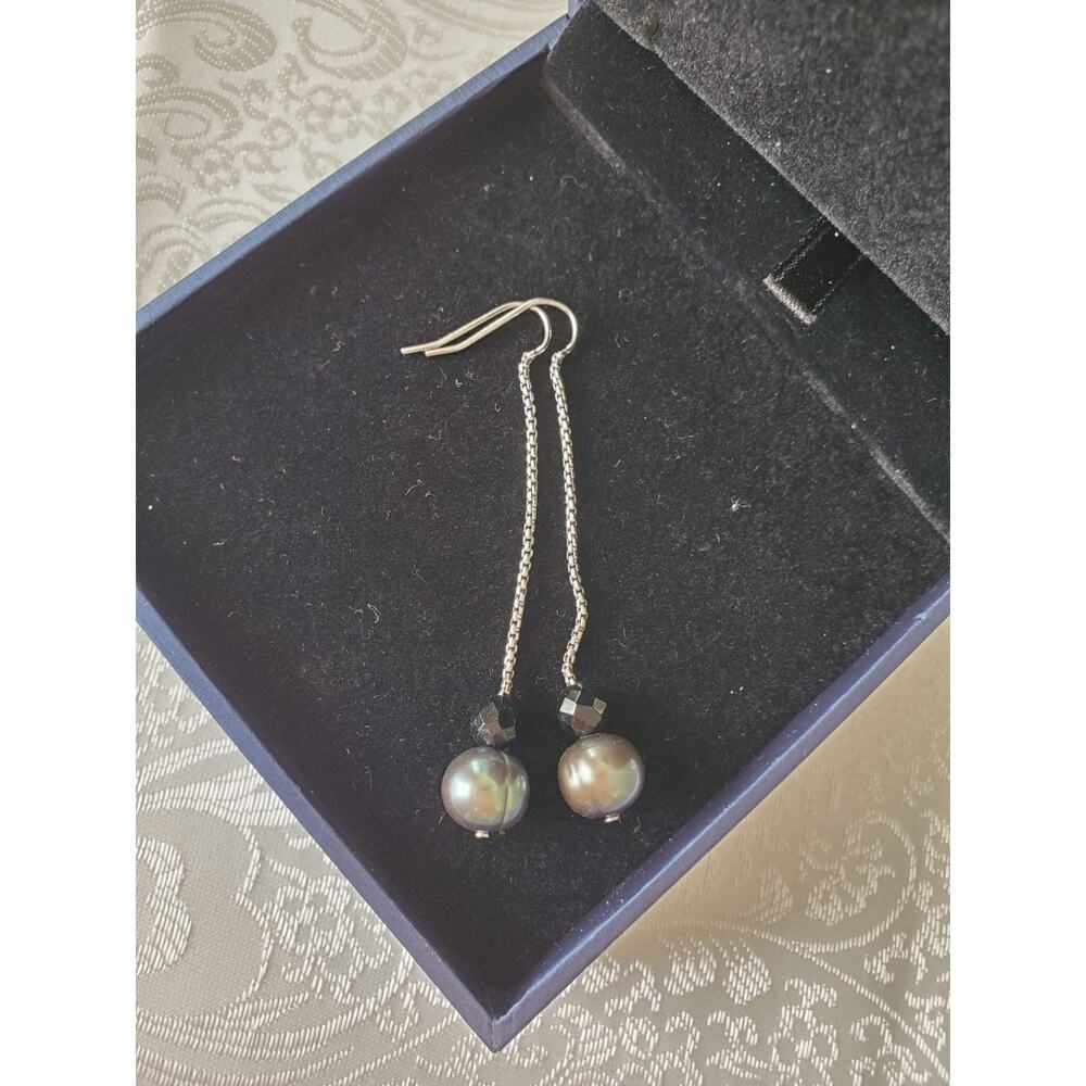 Pearl‎ Drop Earrings Grey Black Silver Chain Fish Hook Old Money Elegant Classy